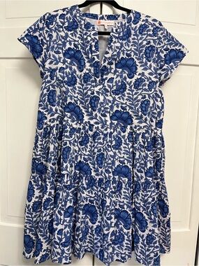 Jude Connally Blue and White Floral Tiered Dress 100% Cotton Coastal